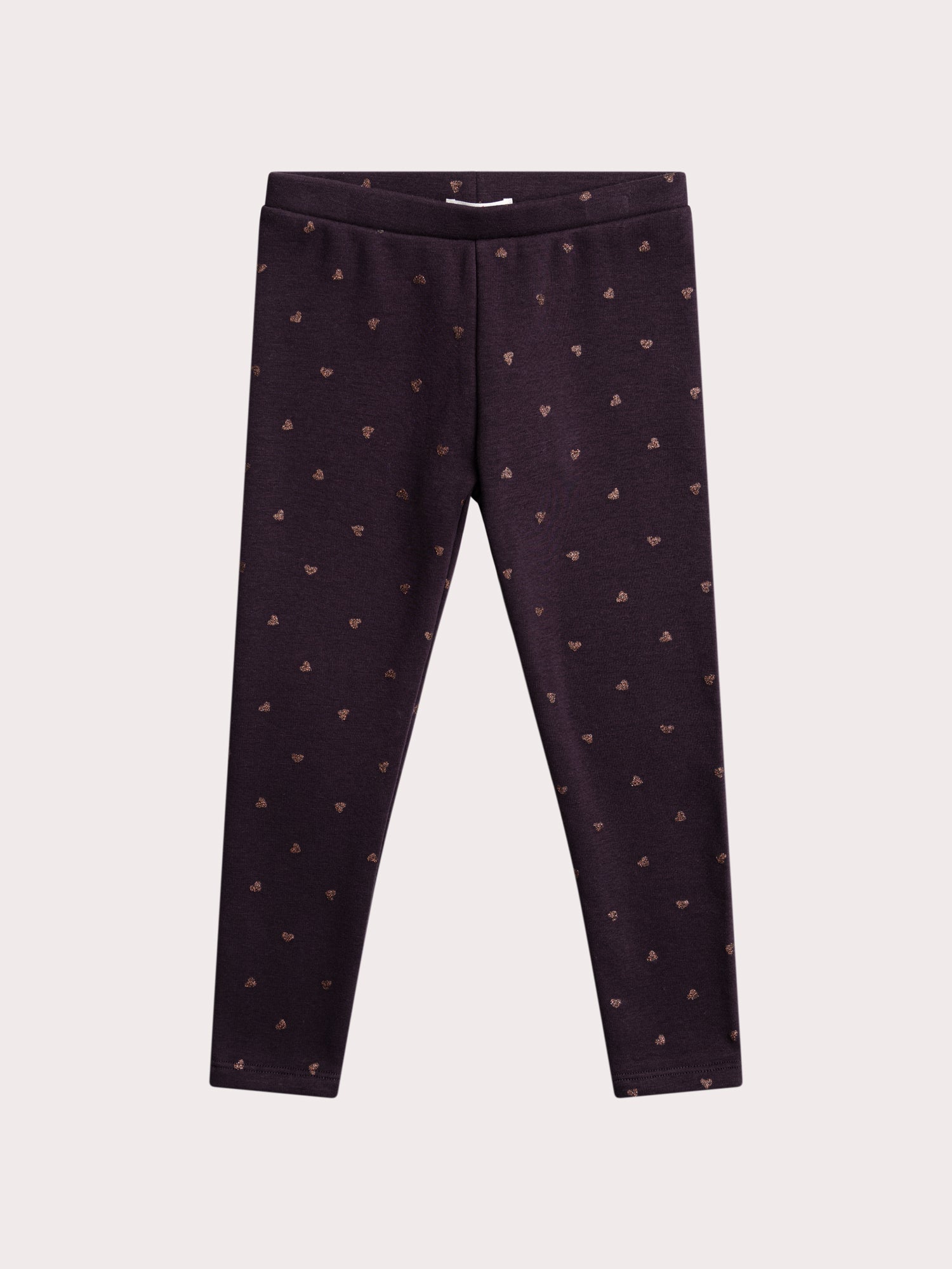 Leggings violetas con estampado de corazón y glitter