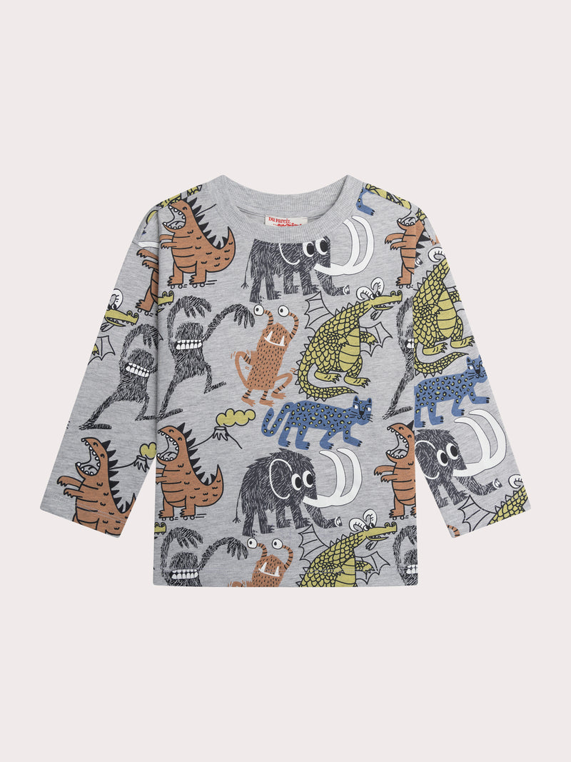 Camiseta gris jaspeada con estampado de animales y monstruos