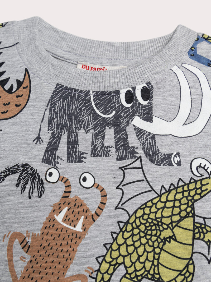 Camiseta gris jaspeada con estampado de animales y monstruos