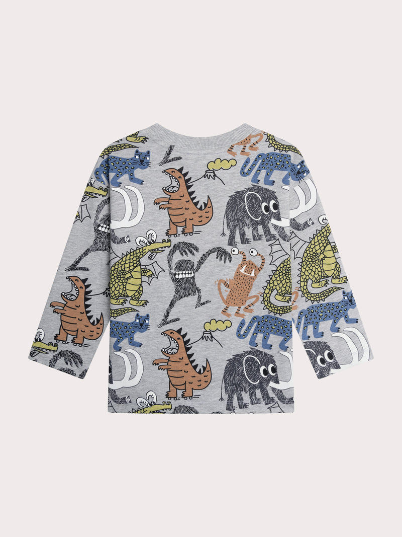 Camiseta gris jaspeada con estampado de animales y monstruos