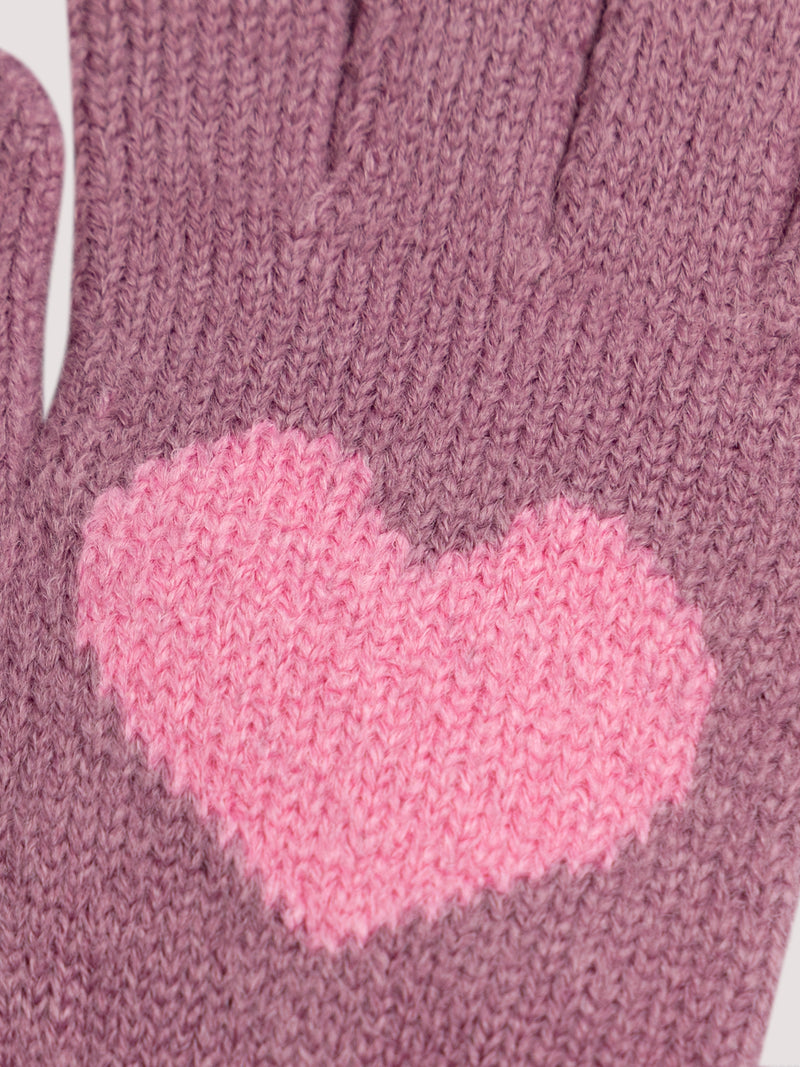 Guantes de punto violetas con corazones para chicas
