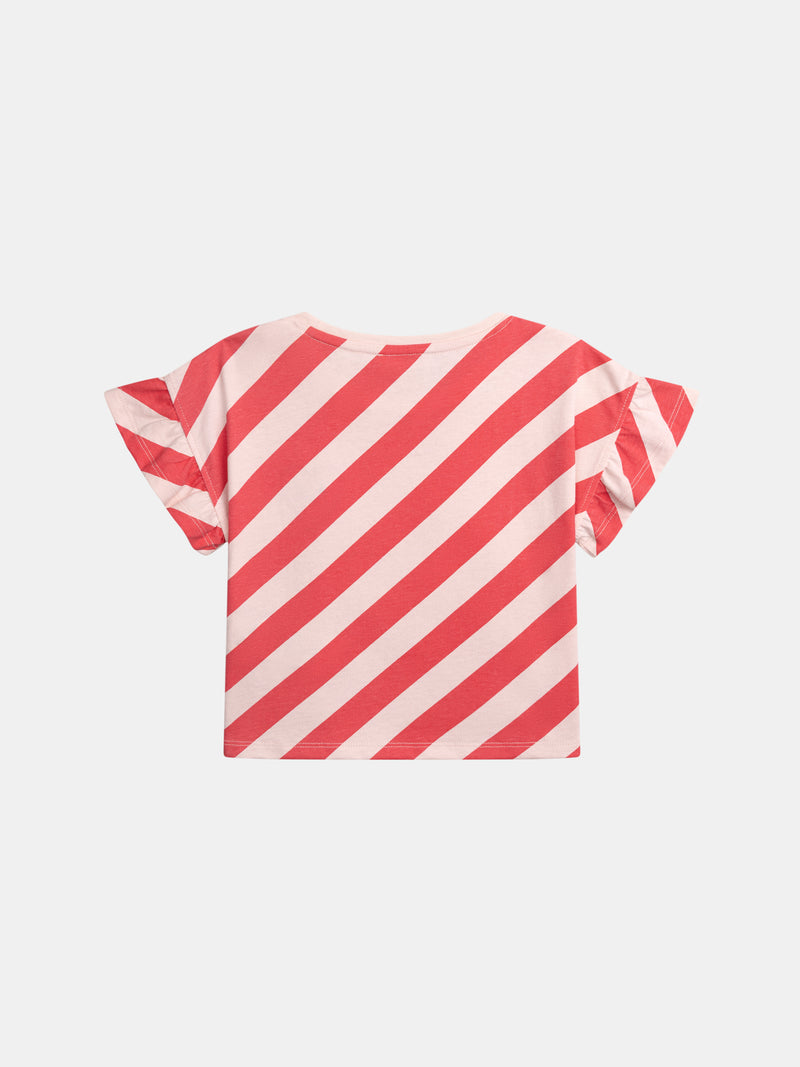 T-shirt rose rayé manches courtes avec badge pour fille