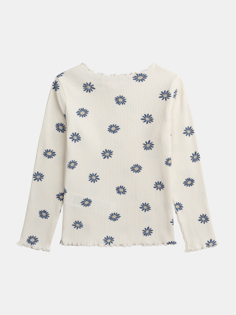 T-shirt à côte manches longues écru imprimé fleurs pour fille