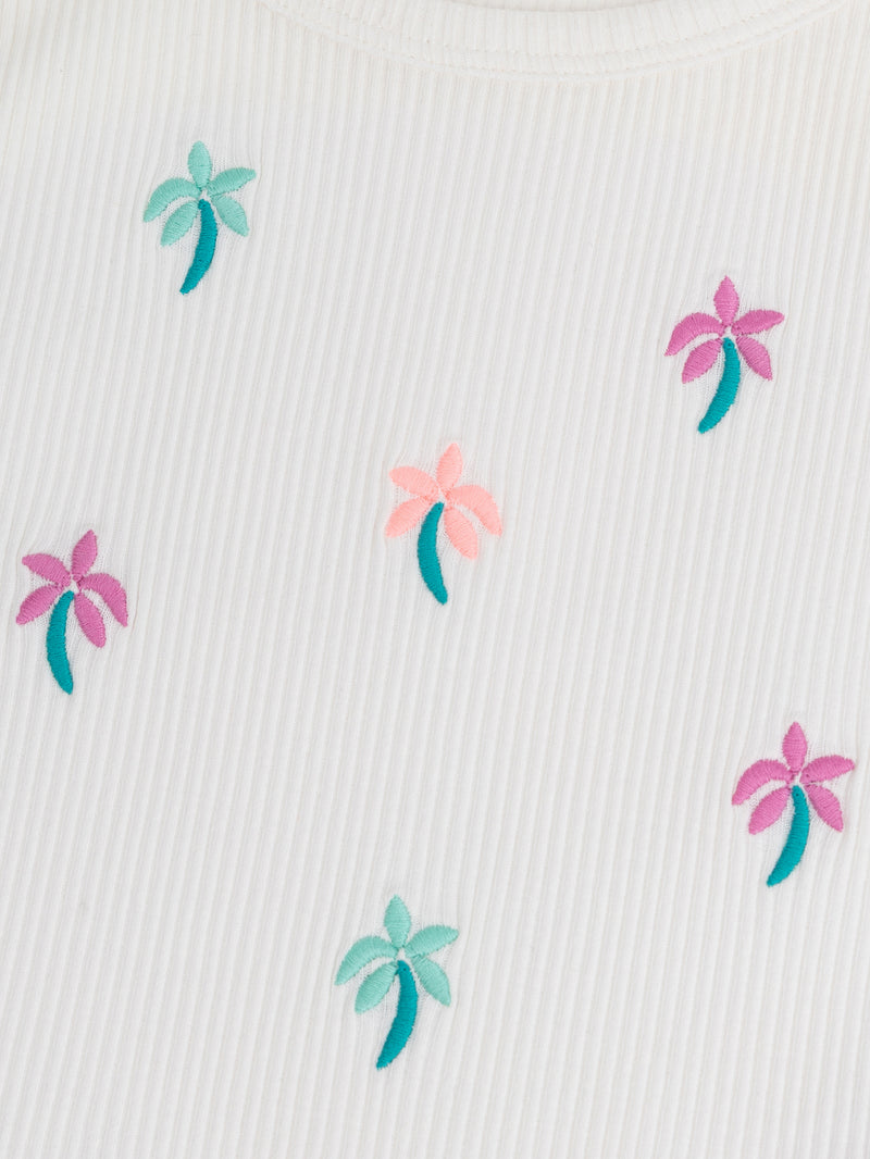 Top de canalé ecru con bordados de palmera para niña