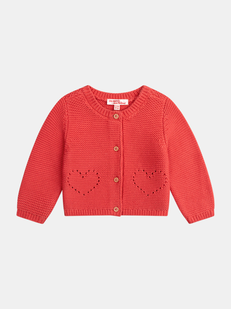 Cardigan de punto sandía con bolsillos de corazón para bebé niña