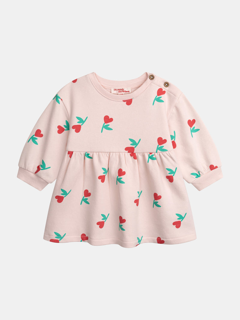 Vestido rosa con estampado de flores y corazones para niña