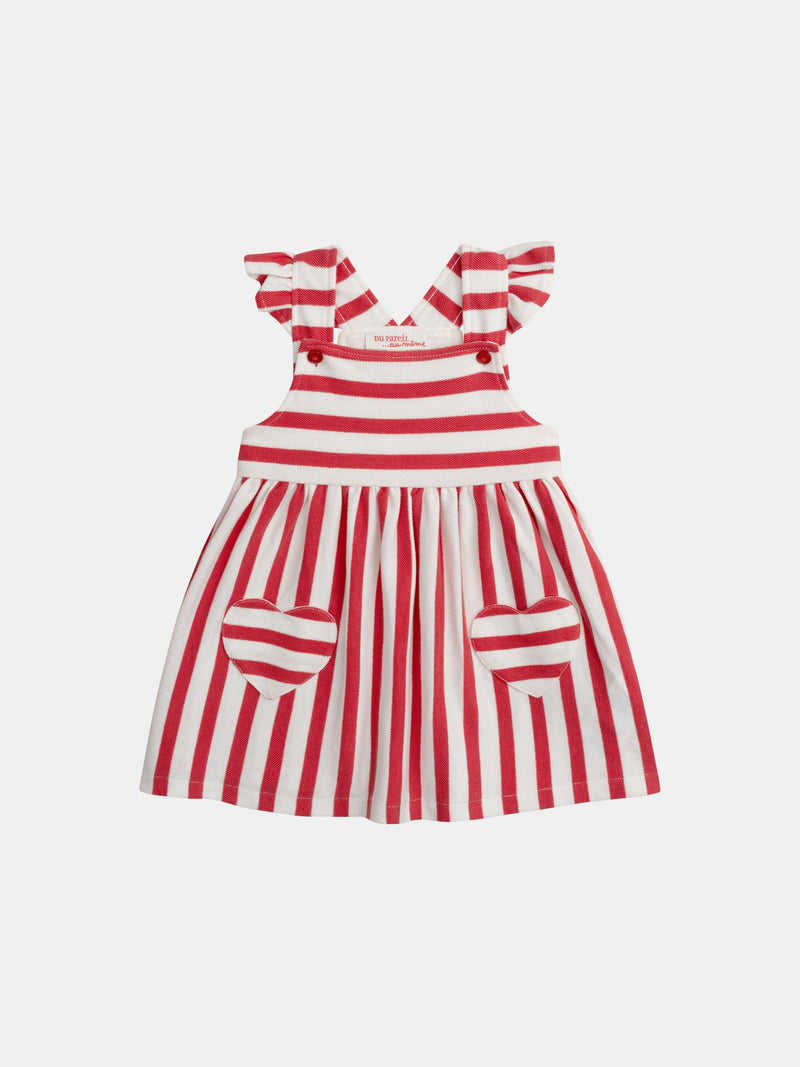 Robe rayada roja y crema con bolsillos en forma de corazón para bebés