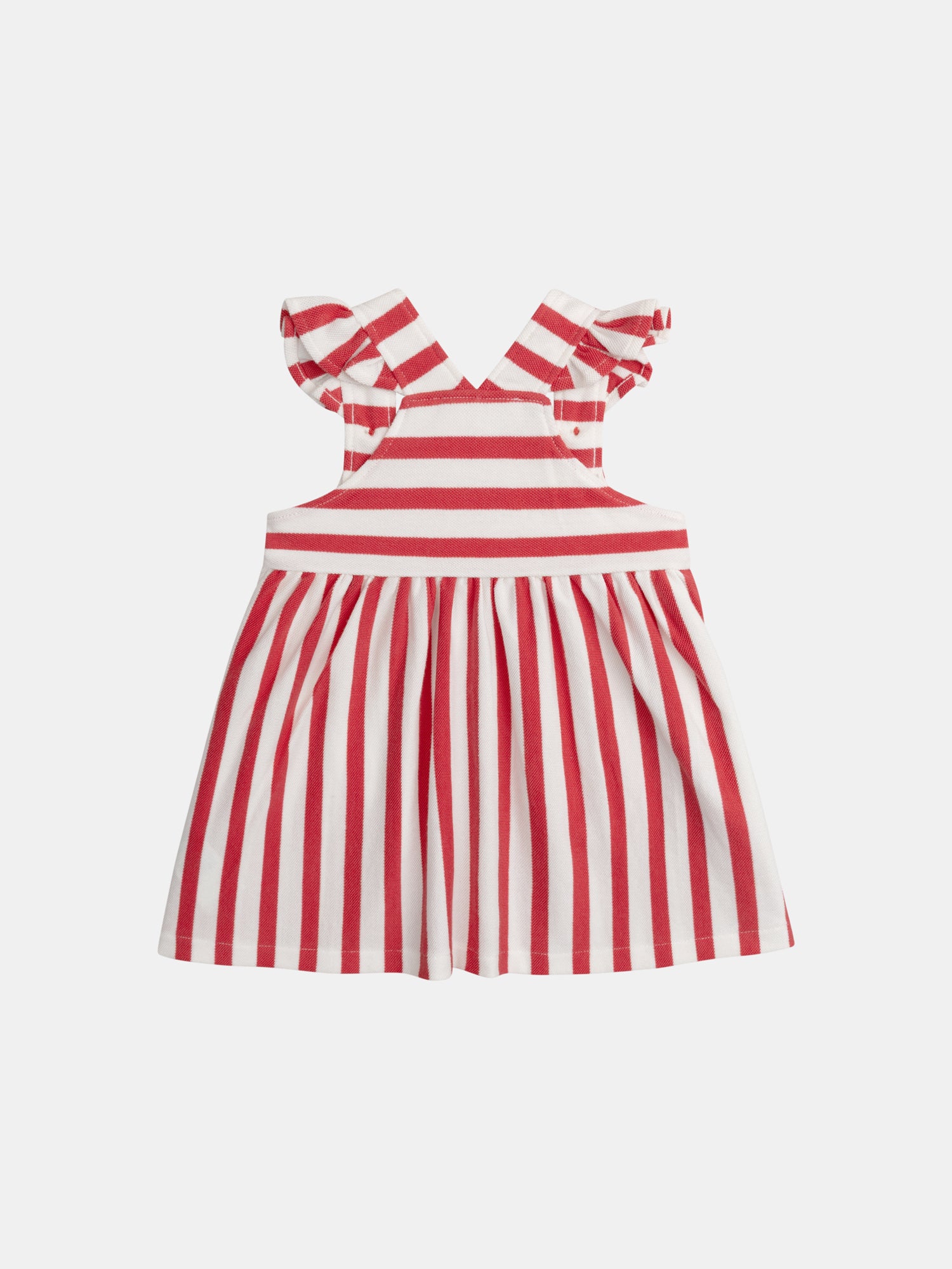 Robe rayé rouge et écru avec poches cœurs pour bébé fille