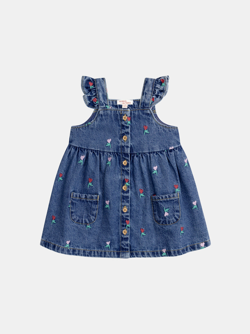 Vestido de denim con bordados de corazones florales para bebé niña
