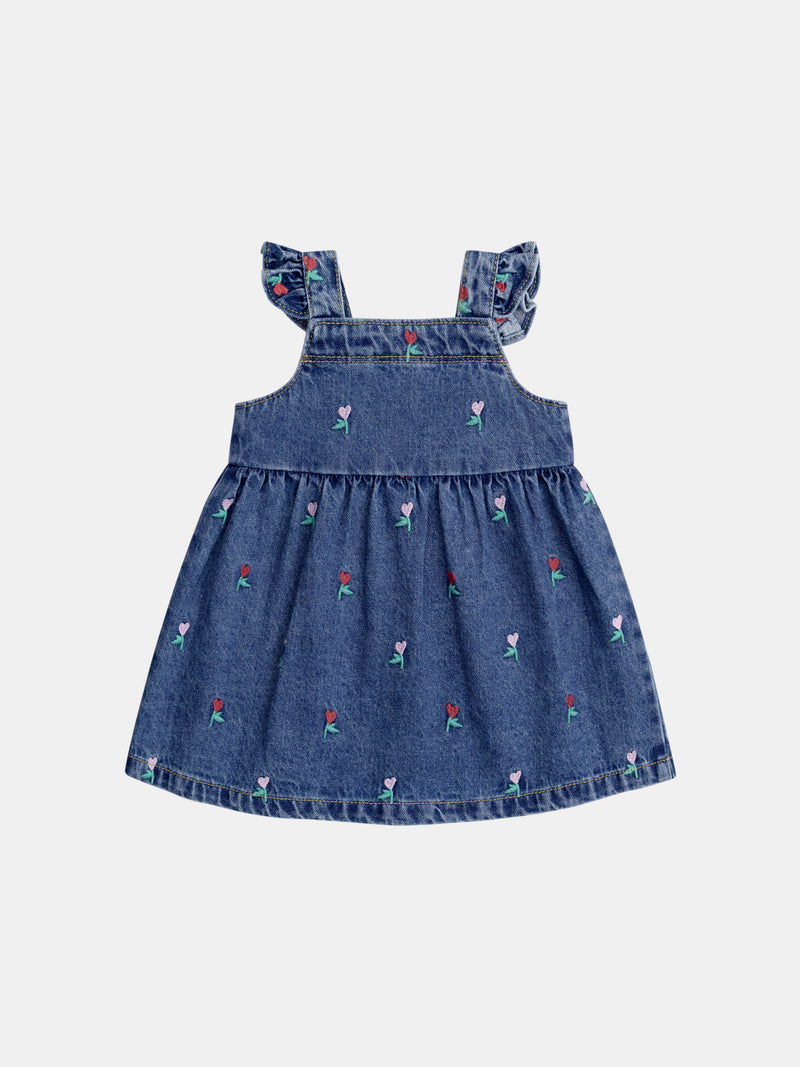 Vestido de denim con bordados de corazones florales para bebé niña