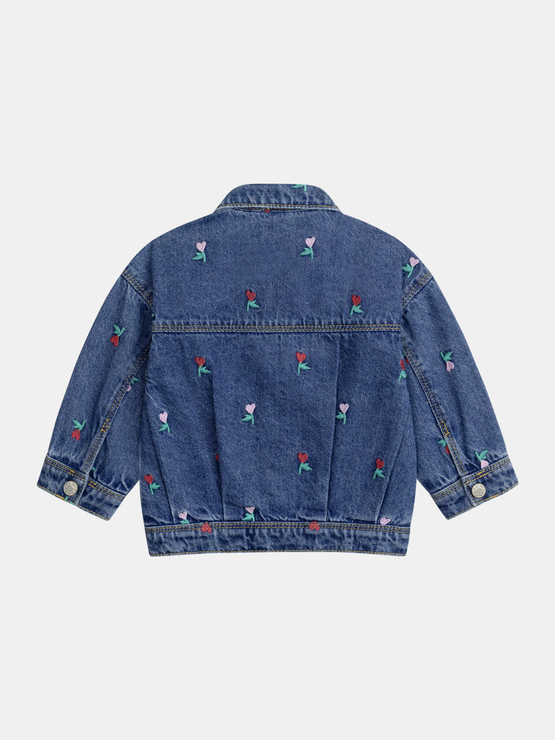 Chaqueta de jean con volante y bordado de flor corazón para niña