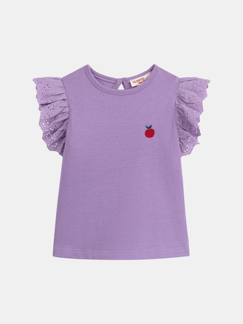 Camiseta morada con mangas voladas y bordadas para niña
