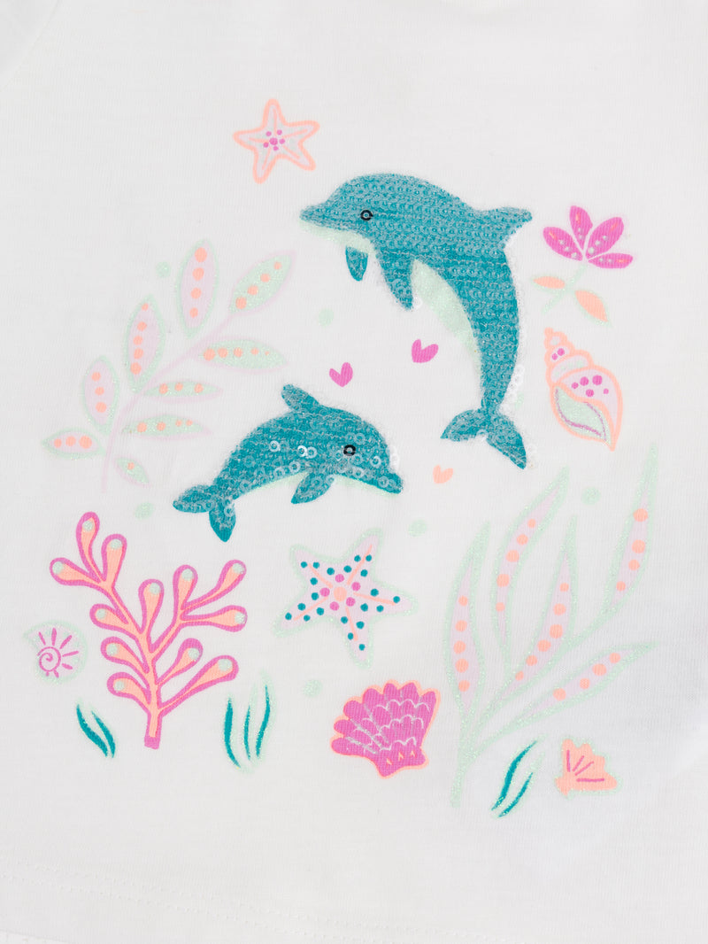 Camiseta ecru con estampado "Mundo Marino" para bebé niña