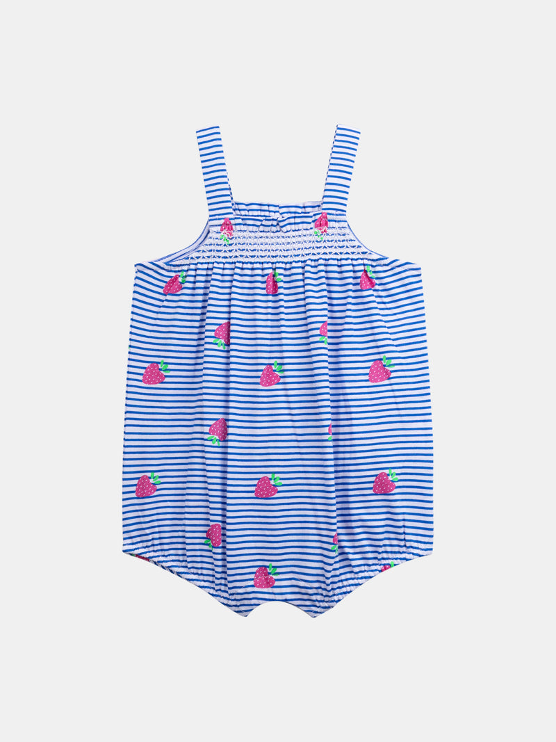 Mameluco azul y blanco a rayas con estampado de fresas para bebé niña
