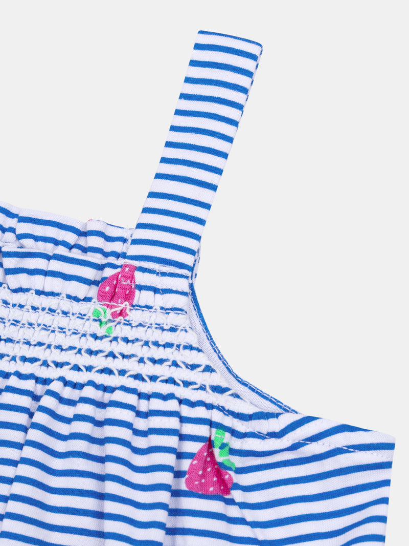 Mameluco azul y blanco a rayas con estampado de fresas para bebé niña