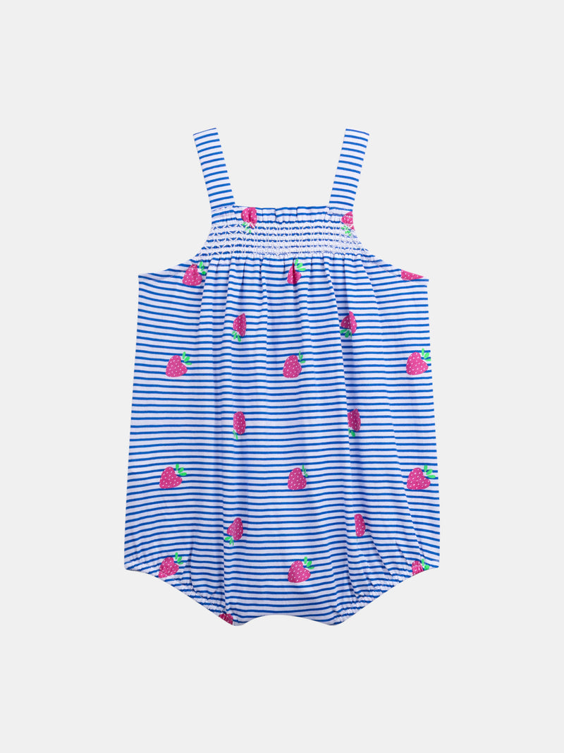 Mameluco azul y blanco a rayas con estampado de fresas para bebé niña