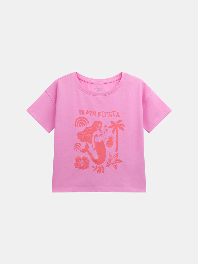 Pijama corto rosa con estampado "Playa Fiesta" para niña