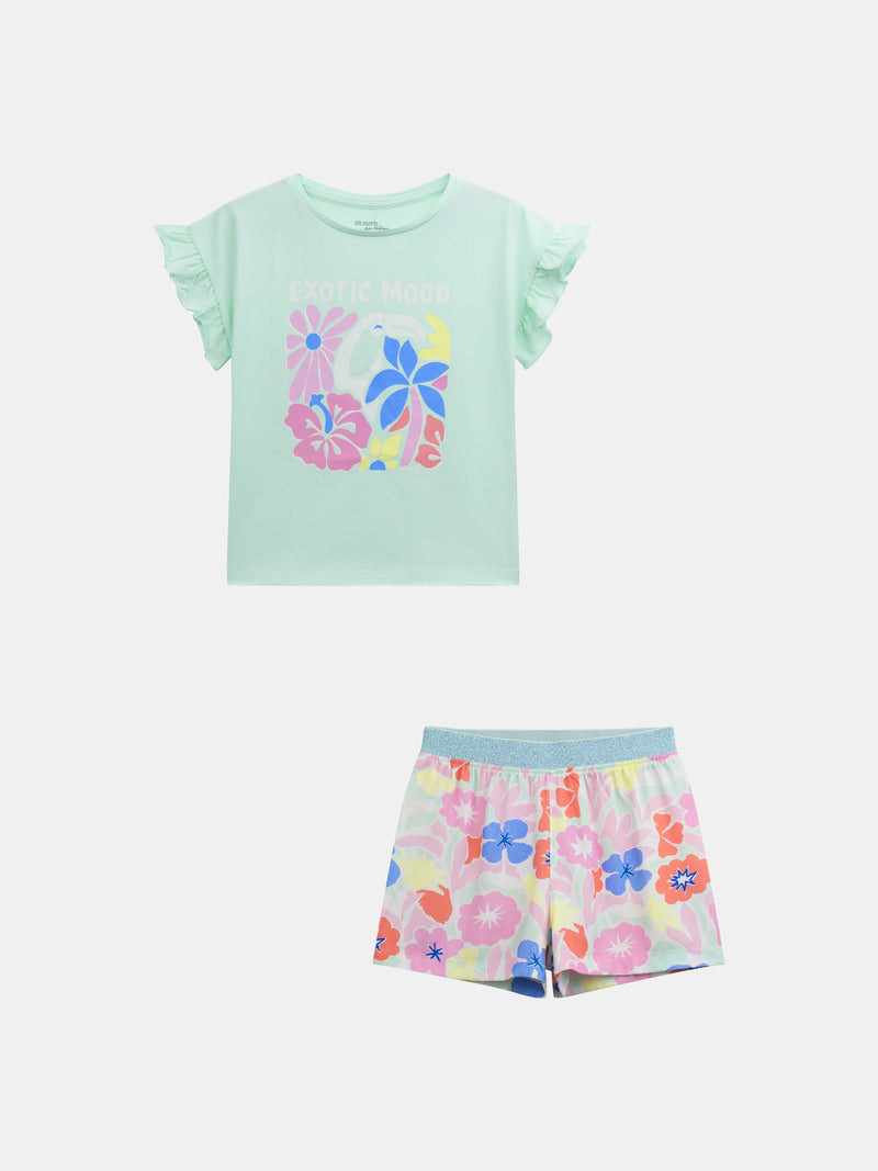 Pijama corto fosforescente impreso "Exotic Mood" para niña