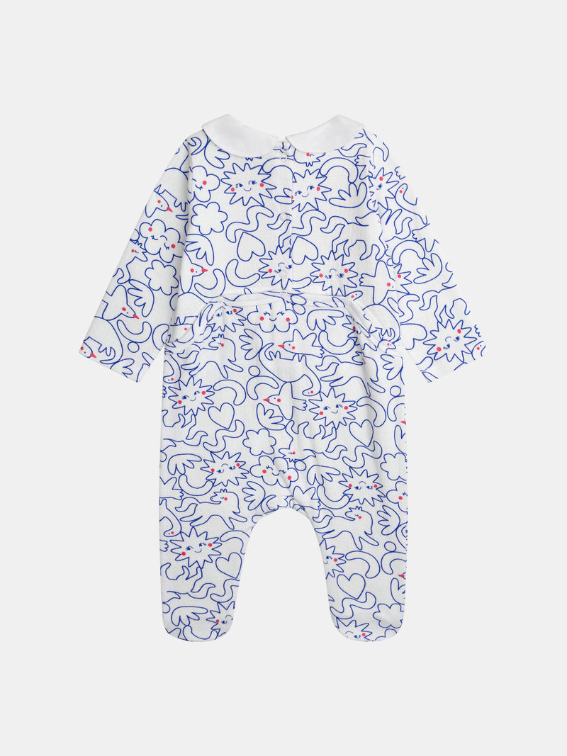 Grenouillère écrue col Claudine avec imprimé intégral "Dream" bleu pour bébé fille