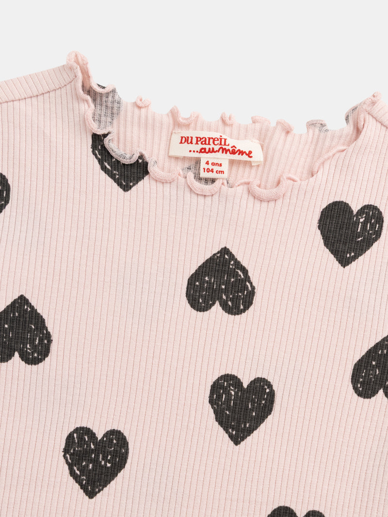 Camiseta de manga larga rosa con estampado de corazón para niñas