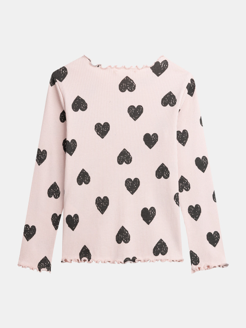 Camiseta de manga larga rosa con estampado de corazón para niñas