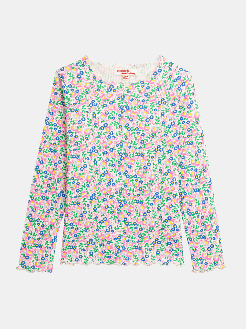 Camiseta écru de manga larga con estampado floral para niñas