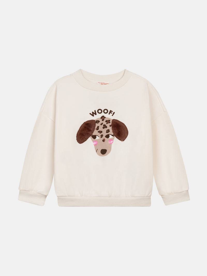 Sudadera crema con animación de perro para niña