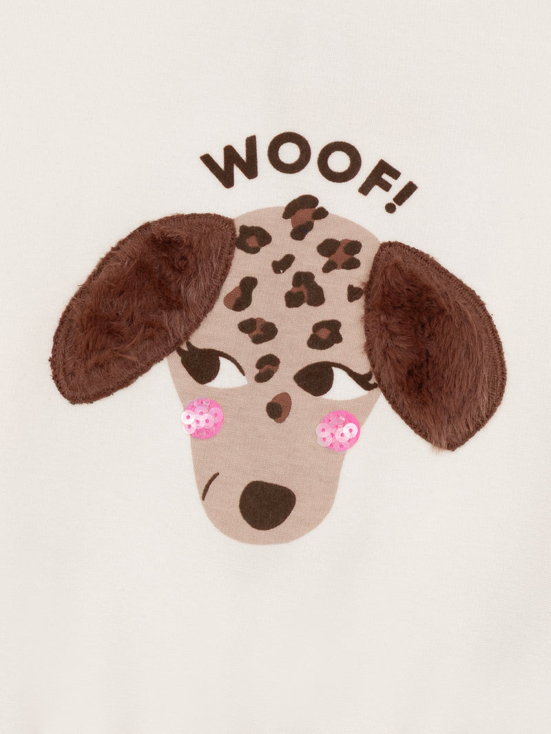 Sudadera crema con animación de perro para niña