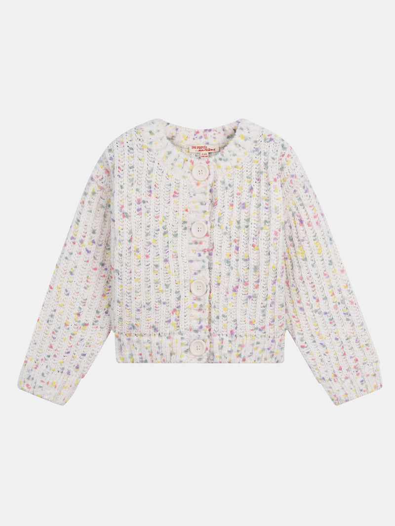 Cardigan blanco roto de punto con bolitas multicolores para niña