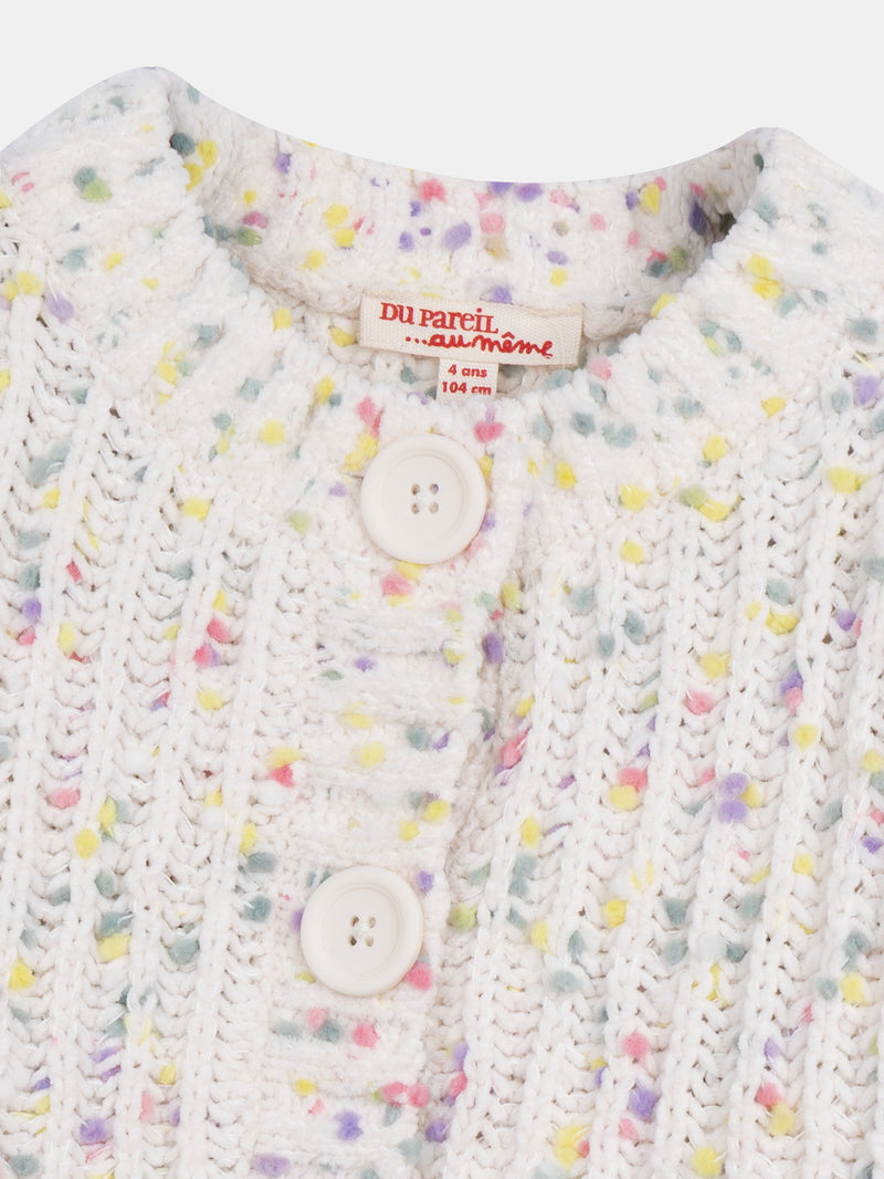 Cardigan blanco roto de punto con bolitas multicolores para niña
