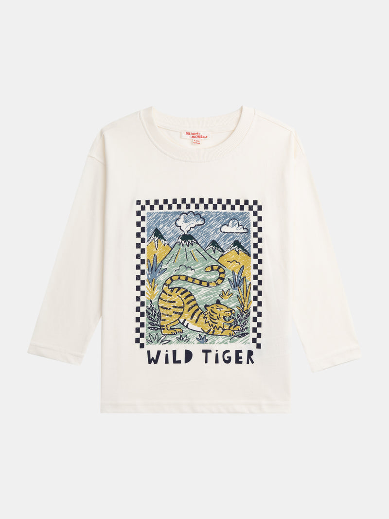 T-shirt écru à manches longues et animation tigre pour garçon