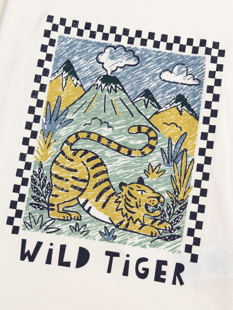 T-shirt écru à manches longues et animation tigre pour garçon