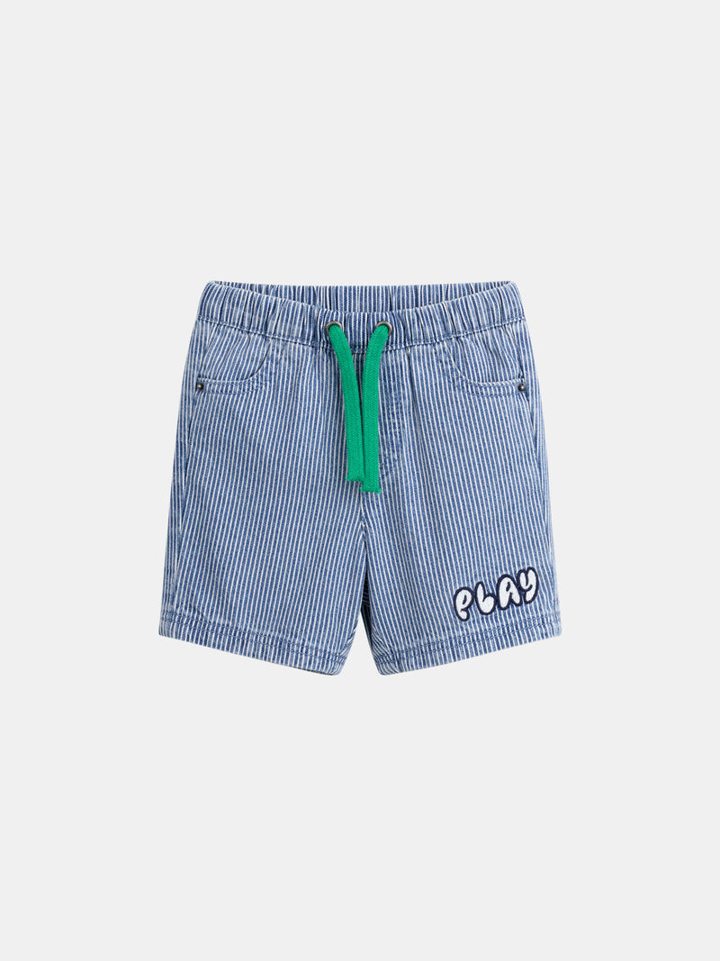 Bermuda de denim rayado "Play" azul y ecru para bebé niño