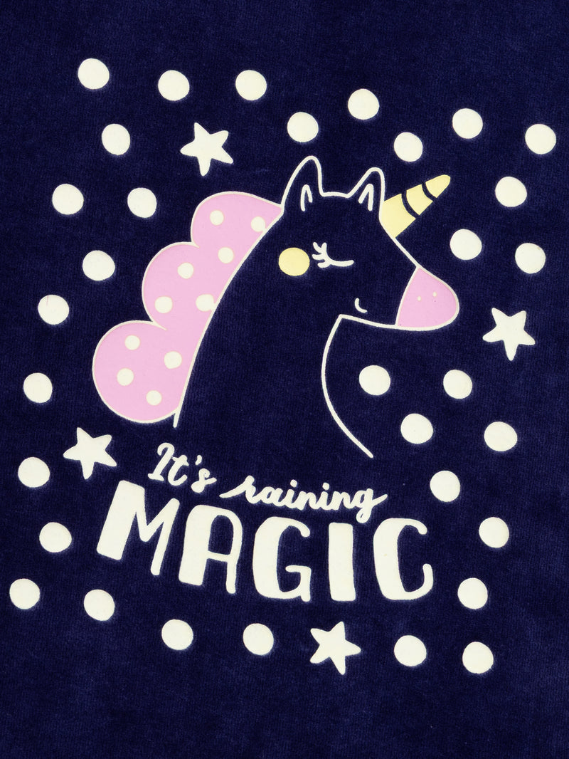 Pyjama bleu en velours "It's raining MAGIC" phosphorescents pour enfant fille