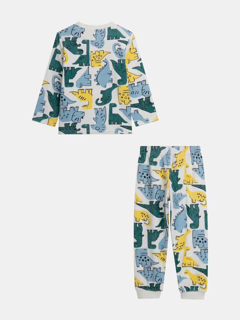 Pyjama 2 pièces en velours imprimé intégral dinosaures colorés pour enfant garçon
