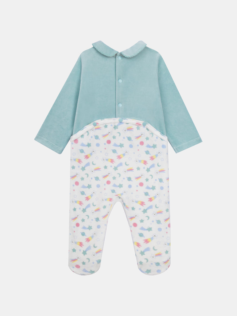 Mameluco de Terciopelo Azul con Estampado Espacial & Motivo de Gato para Niña