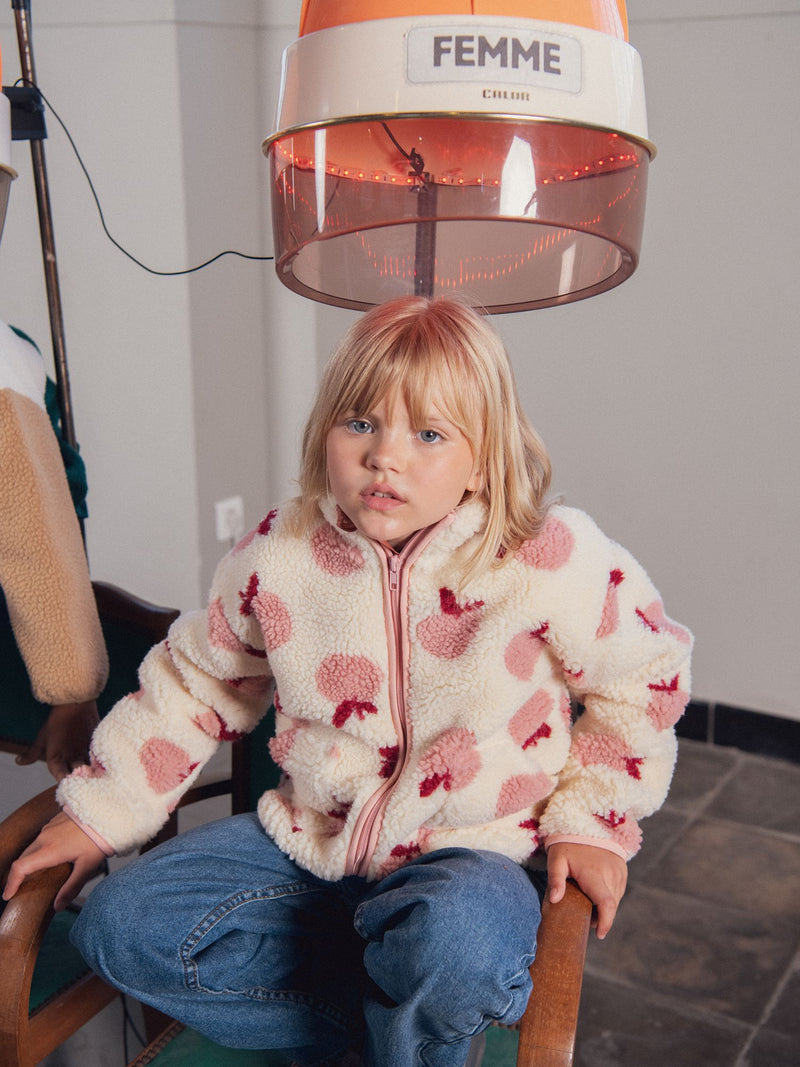 Cardigan ecru con estampado de manzanas para niña