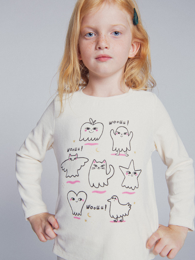 Pyjama 2 pièces écru en velours à motifs fantômes phosphorescents pour enfant fille