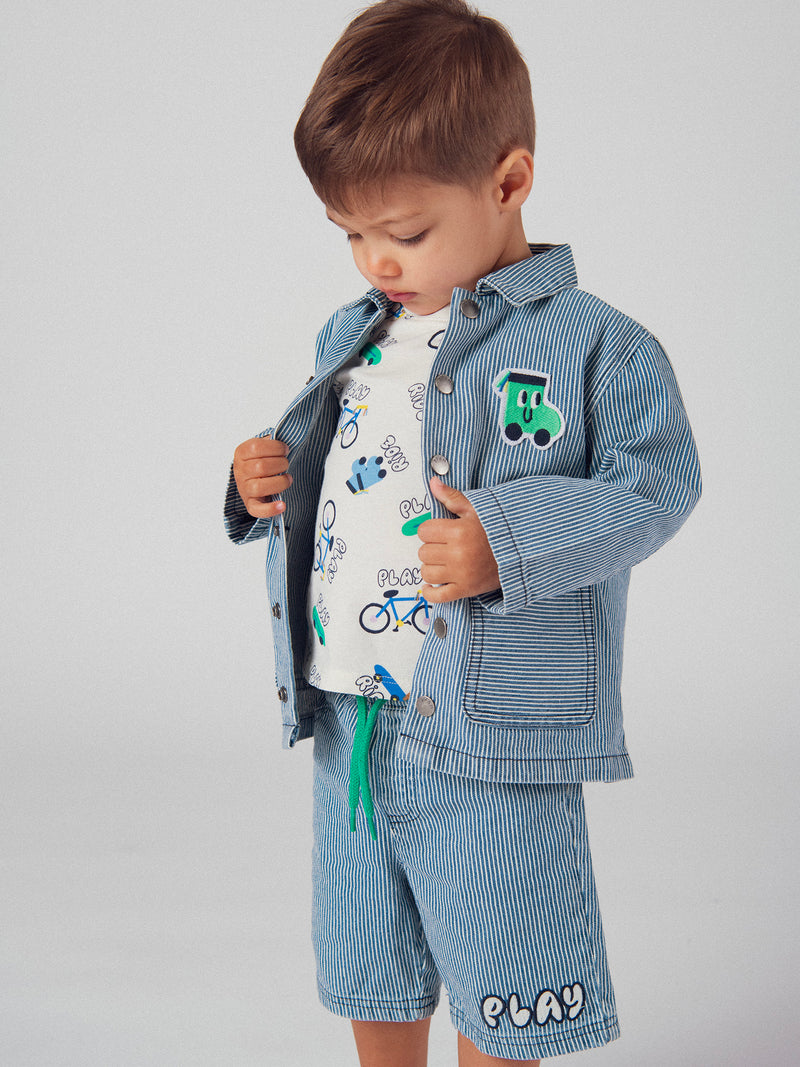 Bermuda de denim rayado "Play" azul y ecru para bebé niño