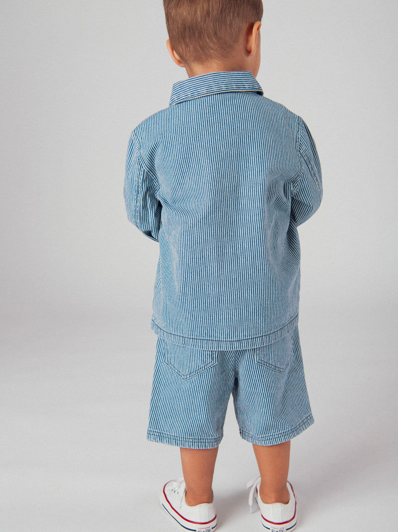 Bermuda de denim rayado "Play" azul y ecru para bebé niño