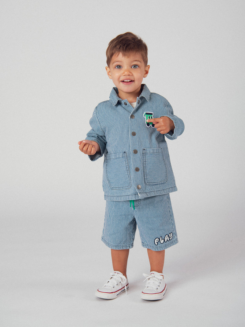 Bermuda de denim rayado "Play" azul y ecru para bebé niño