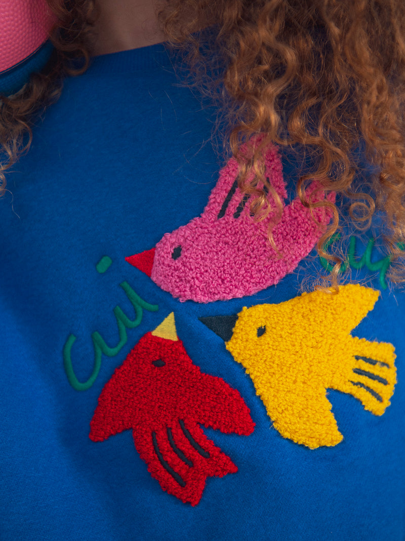 Sudadera azul con animación de pájaros para niñas
