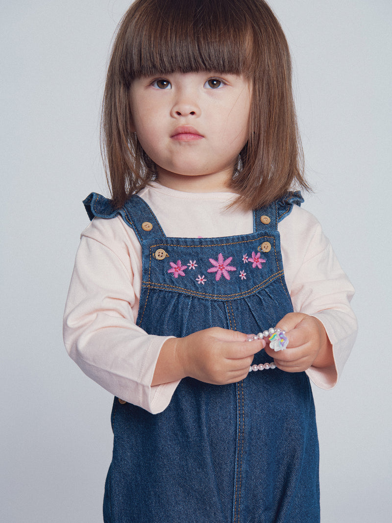 Mono de denim bordado "ARTY SCHOOL" para bebé niña