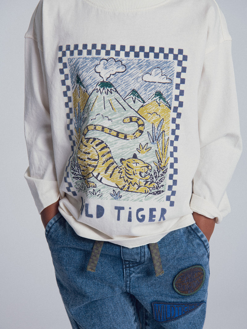 Camiseta de manga larga ecru con animación de tigre para niño