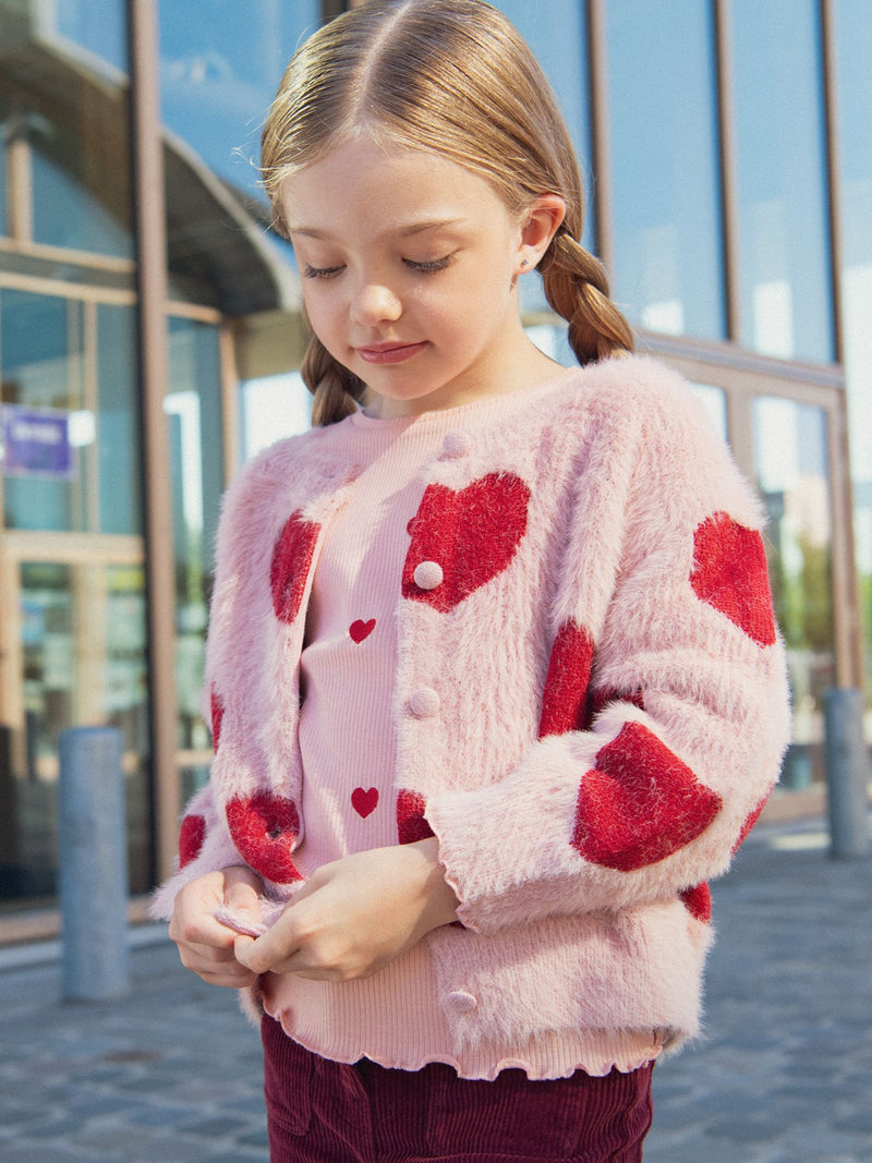 Cardigan rose motif coeurs pour fille