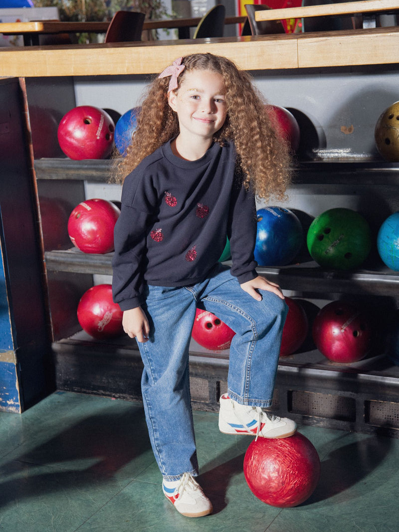 Sweat marine à animations pommes en sequins pour fille