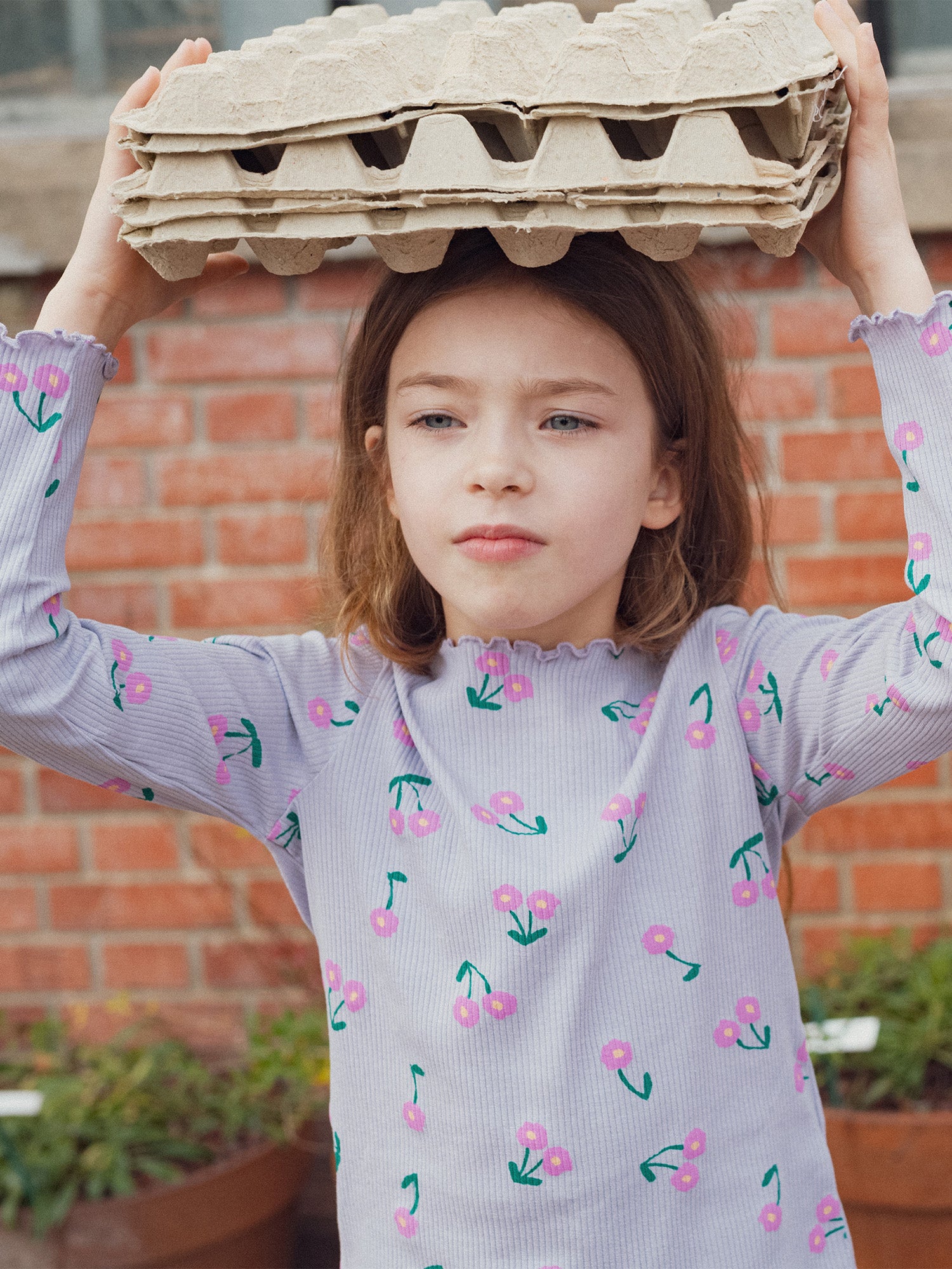 T-shirt en côte manches longues bords ondulés imprimé fleurs