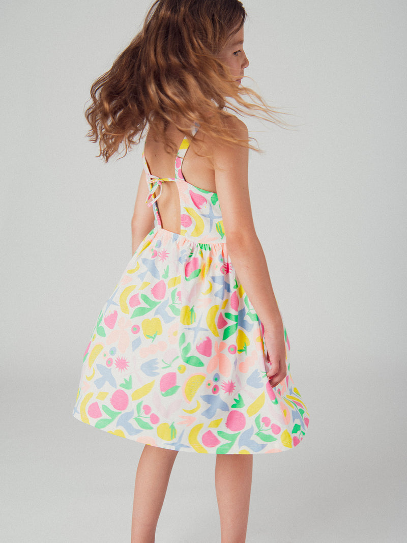 Vestido de tirantes con estampado de frutas multicolores para niña