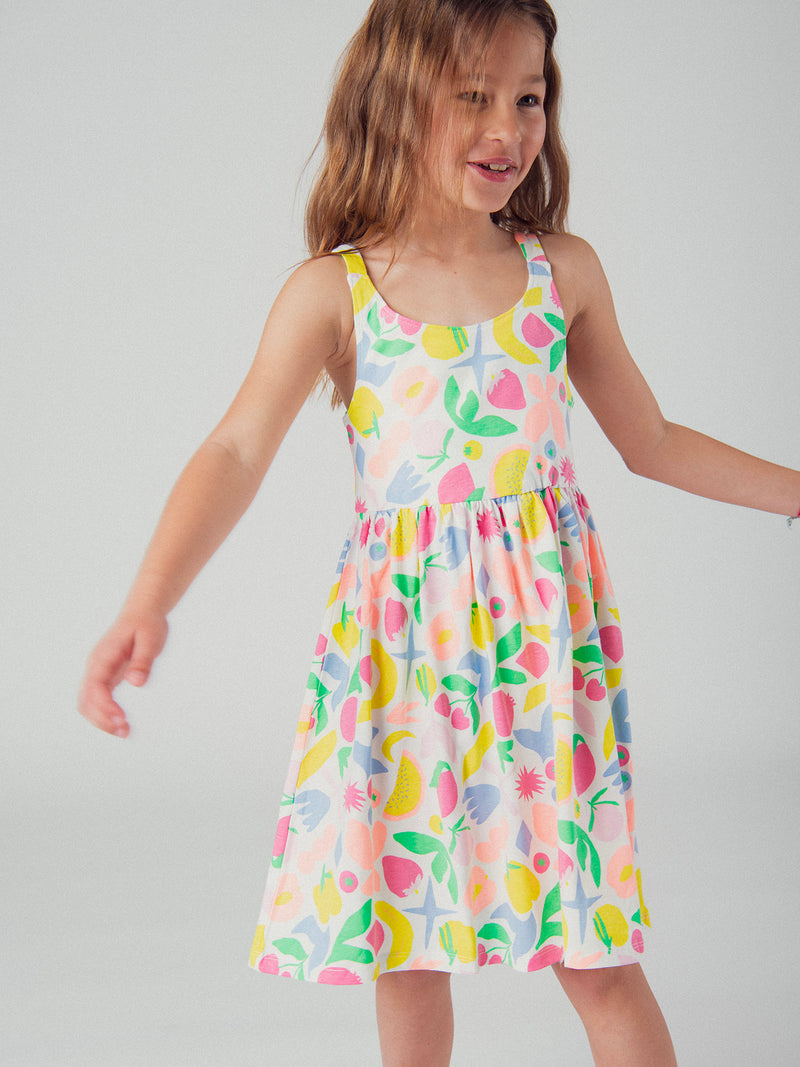 Vestido de tirantes con estampado de frutas multicolores para niña