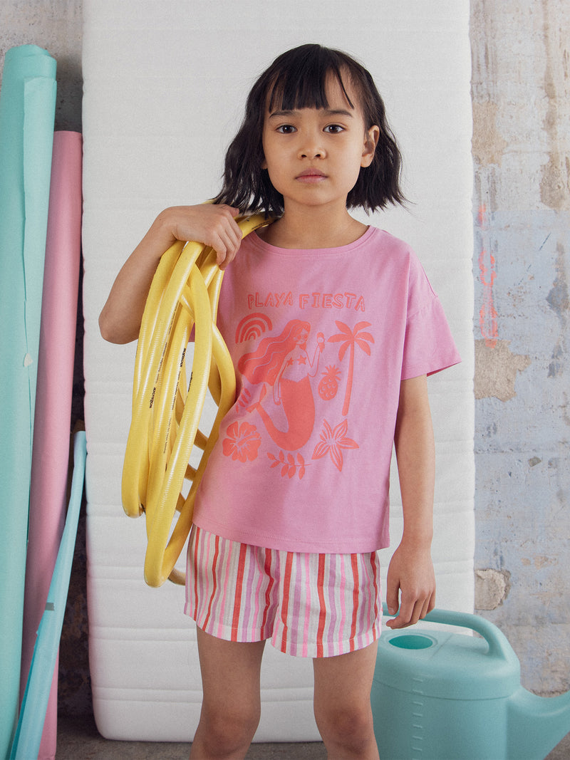 Pijama corto rosa con estampado "Playa Fiesta" para niña